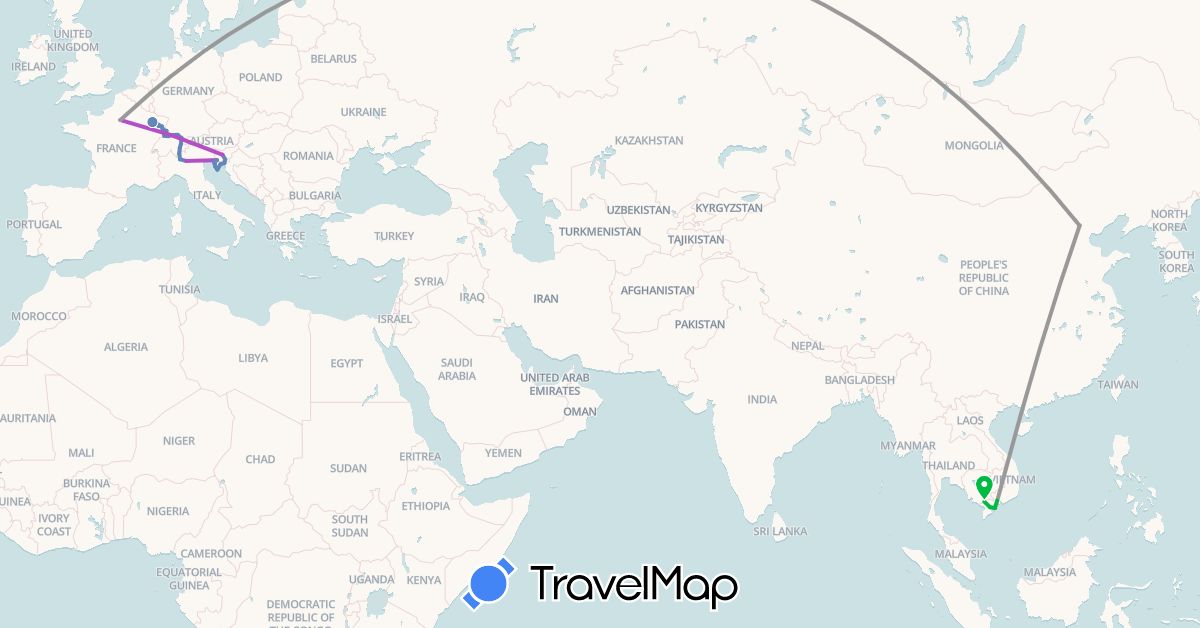 TravelMap itinerary: driving, bus, plane, cycling, train in Switzerland, China, Germany, France, Croatia, Italy, Slovenia, Vietnam (Asia, Europe)